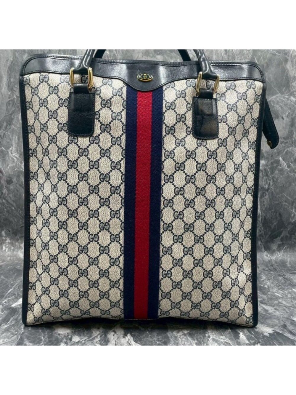 ★SOLD★ Gucci GG Sherry Line Tote Navy Beige Logo - Picture 2 of 10
